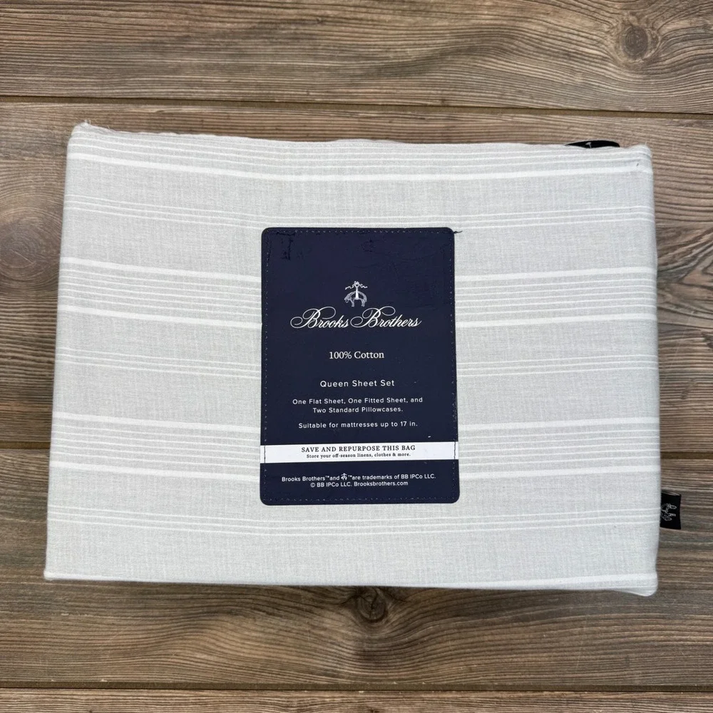 Brooks Brothers Queen Sheet Set Grey White Stripe 100% Cotton 4pc Luxury New
